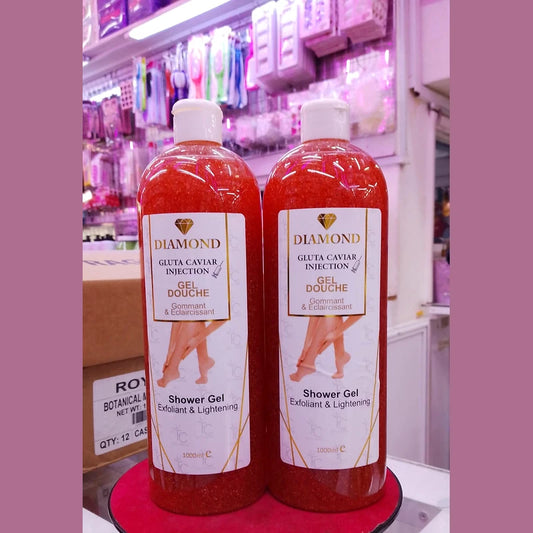 Two bottles of Diamond Shower Gel on a red stand with a store shelf in the background.