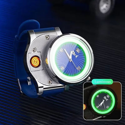 2 in 1 Men's Watch Windproof Cigarette Lighter Luminous Quartz Watch Tungsten Lighter USB Charging Boys Sports Watch Cigarette Lighter Gift