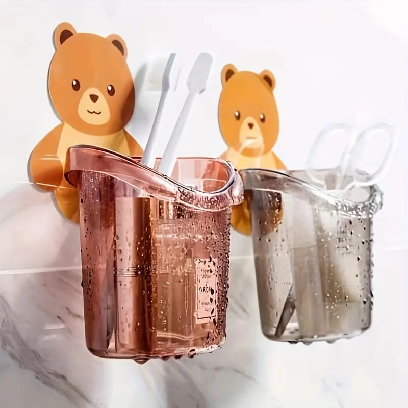 3pc Toothbrush Holders Cup Holders Storage Rack Bear Mug Household Punch-free Traceless Adhesive Suitable For Bathroom