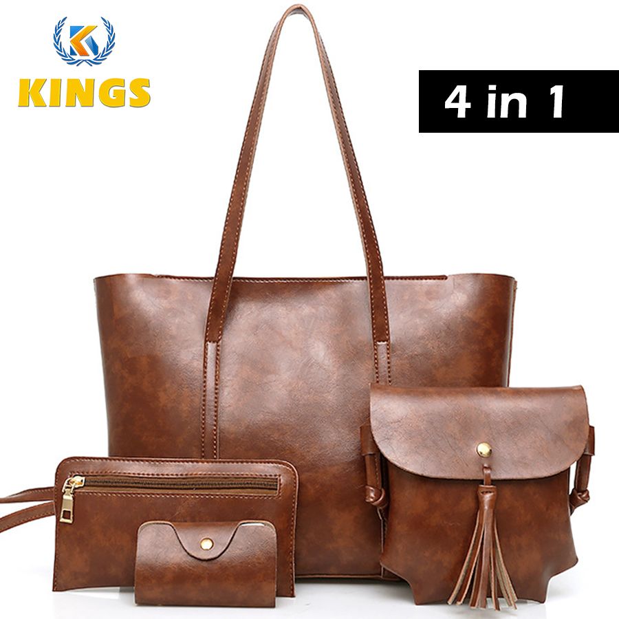 4 In 1 Ladies Shoulder Bag Cross-body bag Purse Bag Set Women Handbag Zipper Tote Bag Large Capacity Waterproof PU Leather Bag Kings Fashion