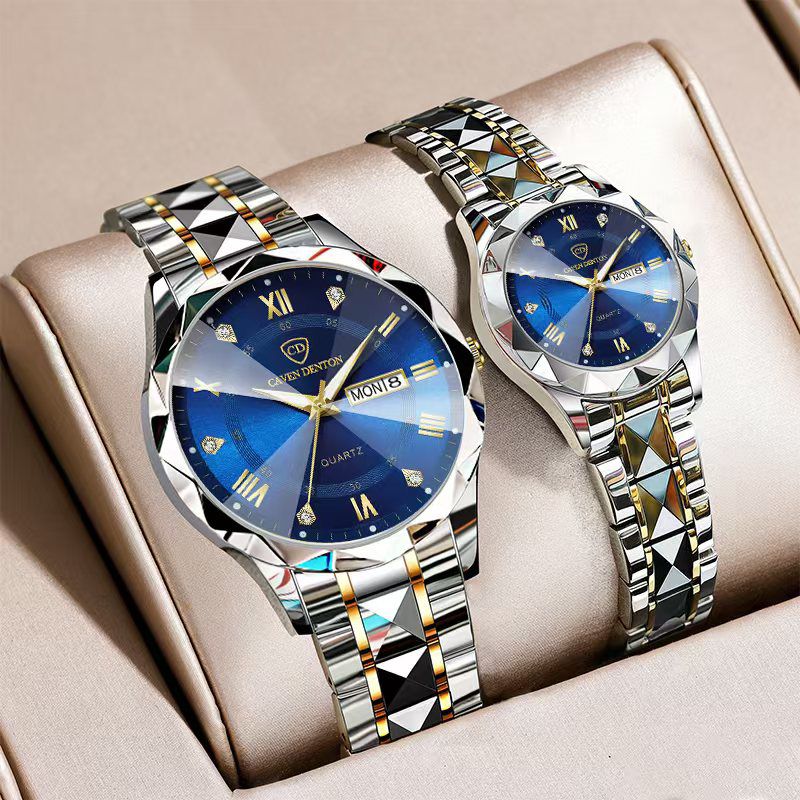 Couple Quartz Watch High Quality Waterproof Double Calendar Rhombus Mirror Watch Luxury Brand Men Women Couple Watche