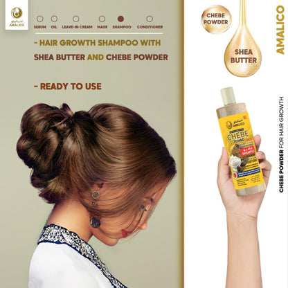 Amalico Chebe Shampoo with Chebe Powder and Shea Butter 500ml (16.9 OZ) Hair Shampoo for Hair Growth and Anti-dandruff Shampoo Anti itch Scalp Shampoo