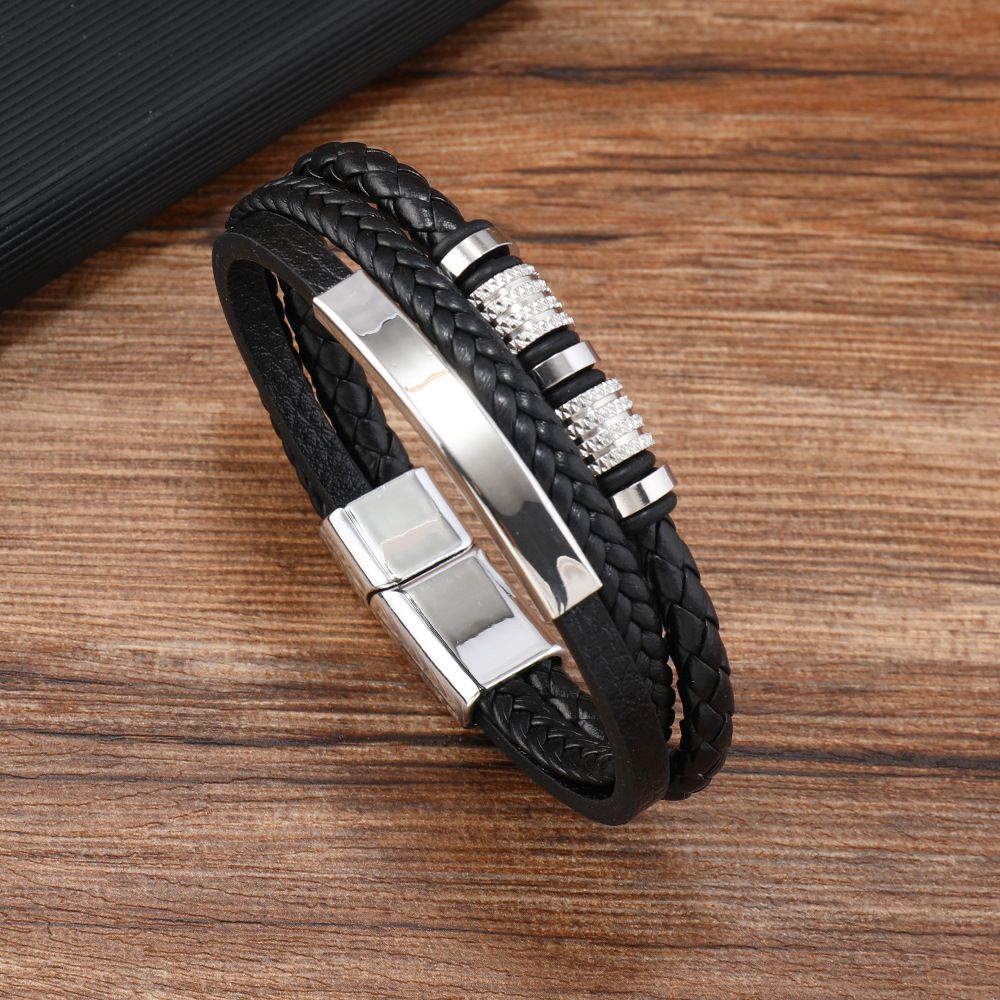 Trendy Leather Bracelets For Men Stainless Steel Bracelet 21CM Multilayer Braided Rope Bracelets for Male Jewelry Gifts