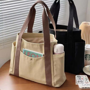Preppy Style Shoulder Bag Unisex Large Capacity HandBag Casual Versatile Solid Canvas Bag Student Commuting Zipper Square Bag