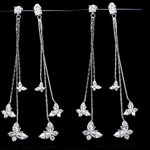 1-pair 925 silver electroplating earrings stu long tassel zircon three butterfly earrings fashion lady style