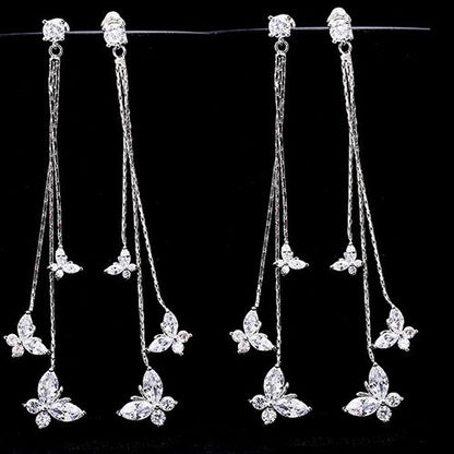 1-pair 925 silver electroplating earrings stu long tassel zircon three butterfly earrings fashion lady style