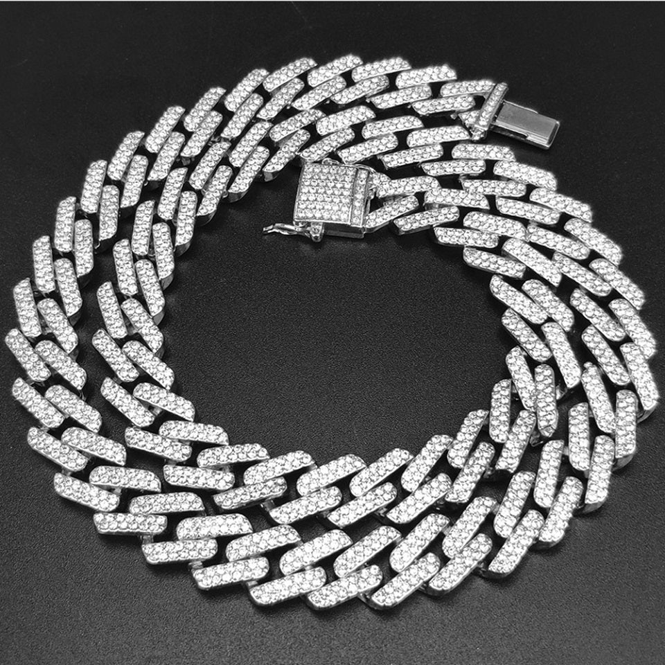 Luxury High Quality Iced Out 15mm Miami Cuban Link Chain Necklace Bracelet Rhinestone Bling Hip Hop