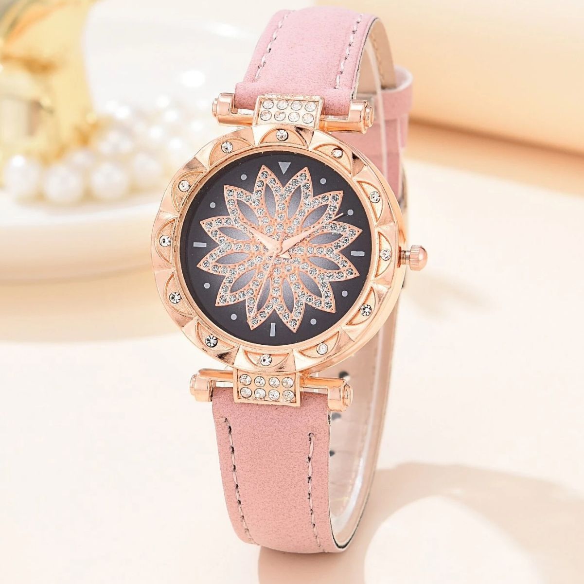 Popular Fashion 5 Set Pink Women Watch Ring Necklace Earrings Bracelet Set Watches Luxury Crystal Butterfly Leather Strap Ladies Quartz WristWatch (With Box)