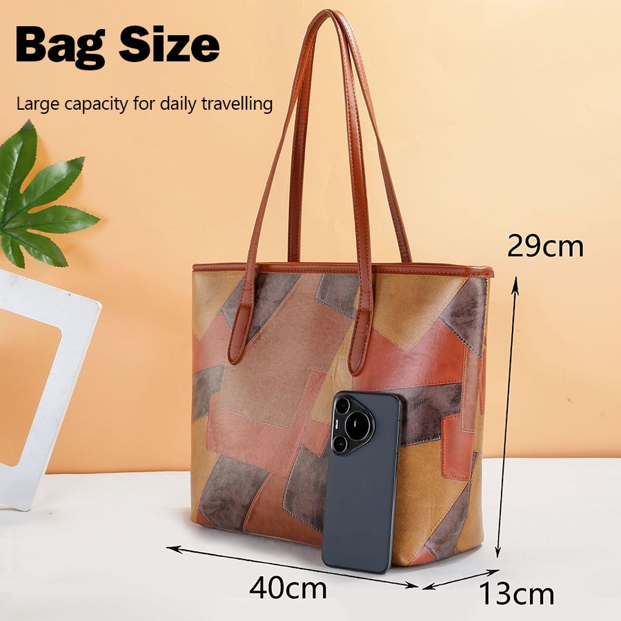Ladies Large-capacity Handbag Women Geometric Color-blocked Bag PU Synthetic Leather Bag