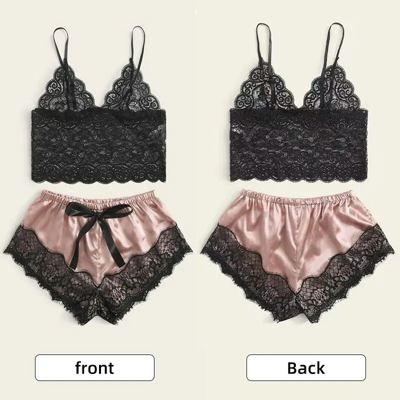 Women Lace Sexy Pajamas Nightclothes Black PINK L XL XXL V Neck Low Cut Lace Top And Ice Silky Shorts