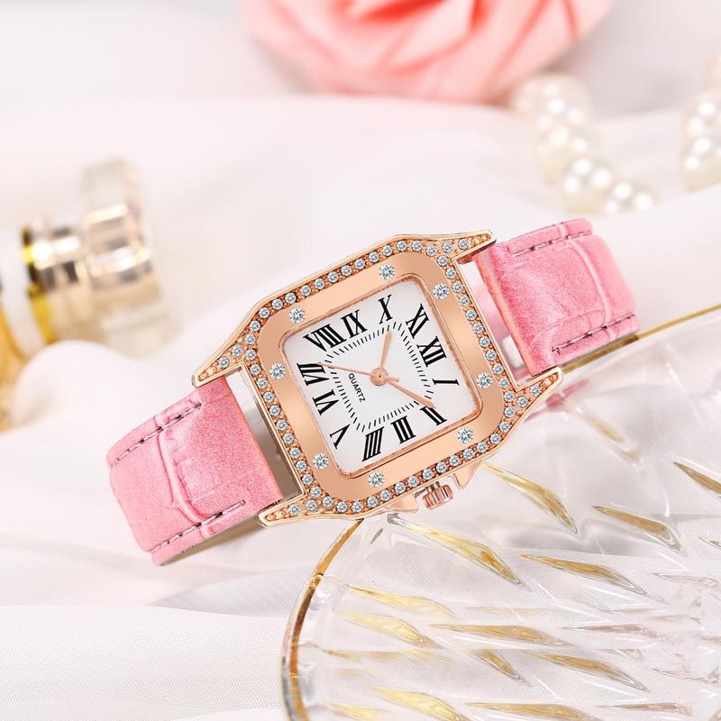 Women Diamond Watch Starry Square Dial Bracelet Watches Set Ladies Leather Band Quartz Wristwatch Female Clock Jewelry Gifts With Rhinestone Valentines Gift Couple Watches