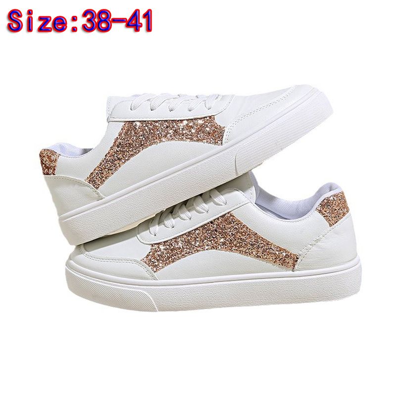 Size 38-41 Women's PU artificial leather white shoes ladies fashion sports athletic students running sneakers girls flat casual lace-up board shoes white +golden