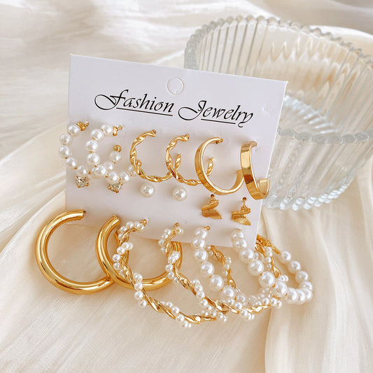 Gold Color Pearl Hoop Earrings Set Metal Dangle Earrings Vintage Circle Geometric Twist for Women Girls Trendy Jewelry Gifts