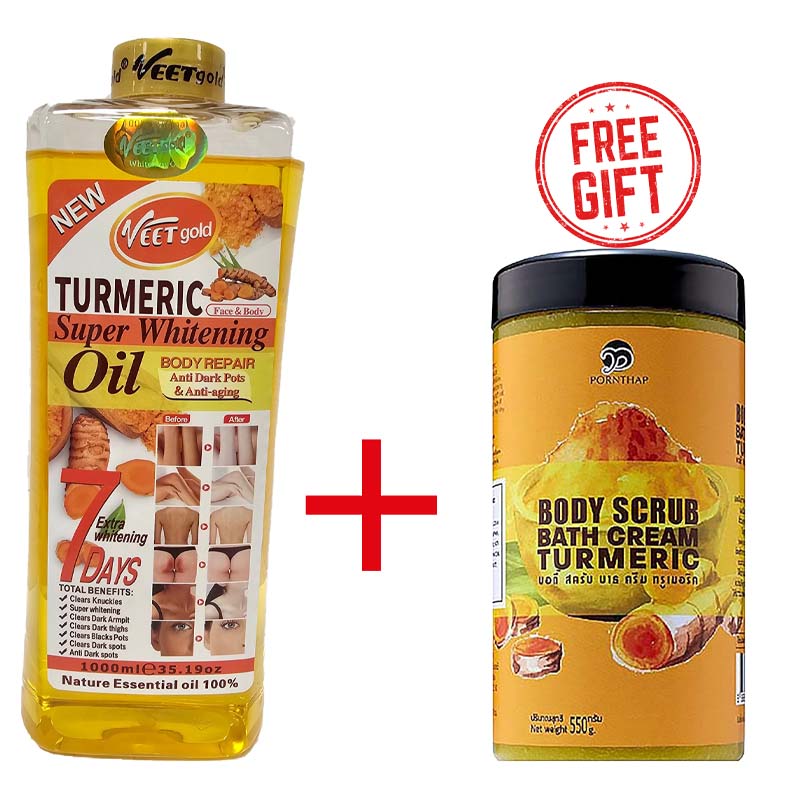 2 Pack Turmeric Body Oil 1000ml + Body Scrub 550g Super Whitening Skin Repair Anti-Aging Removes Wrinkles Dark Spots & Smooths Clears Knuckles PornThap Premium Organic Exfoliating Body Scrub