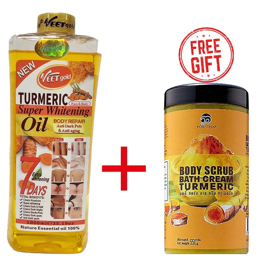 2 Pack Turmeric Body Oil 1000ml + Body Scrub 550g Super Whitening Skin Repair Anti-Aging Removes Wrinkles Dark Spots & Smooths Clears Knuckles PornThap Premium Organic Exfoliating Body Scrub