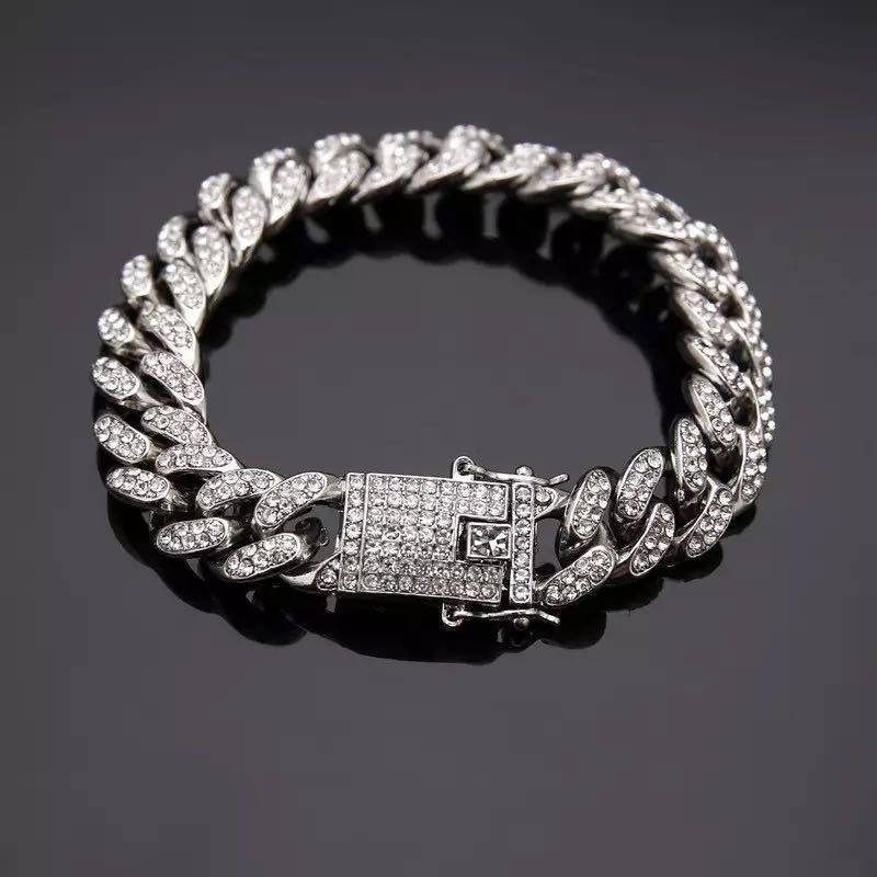 Gold Hip Hop Miami Curb Cuban Chain Iced Out Paved Rhinestones CZ Bling Rapper Silver Necklace +Watch+Bracelet Jewelry For Men