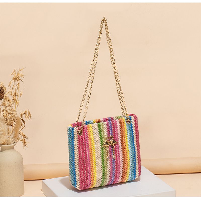 Trend Rainbow Woven Tote Bag Women's Shoulder Bag Simple contrast color swan decorative tote bag