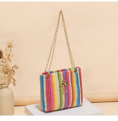 Trend Rainbow Woven Tote Bag Women's Shoulder Bag Simple contrast color swan decorative tote bag