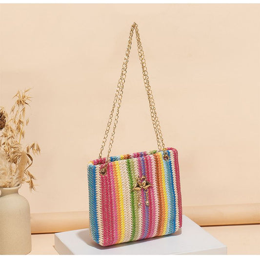 Trend Rainbow Woven Tote Bag Women's Shoulder Bag Simple contrast color swan decorative tote bag