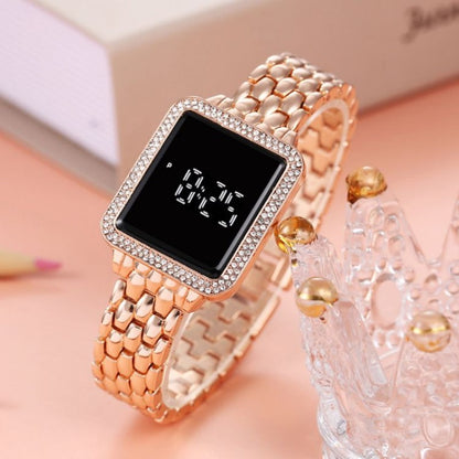 Square diamond inlaid led simple steel band watches touch wrist watch for man and women casual fashion trend electronic watchs