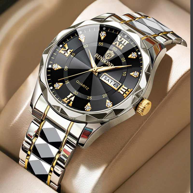 BINBOND Fashion Men's Watch Stainless Steel Top Brand Luxury Waterproof Men Double Calendar Quartz Watch