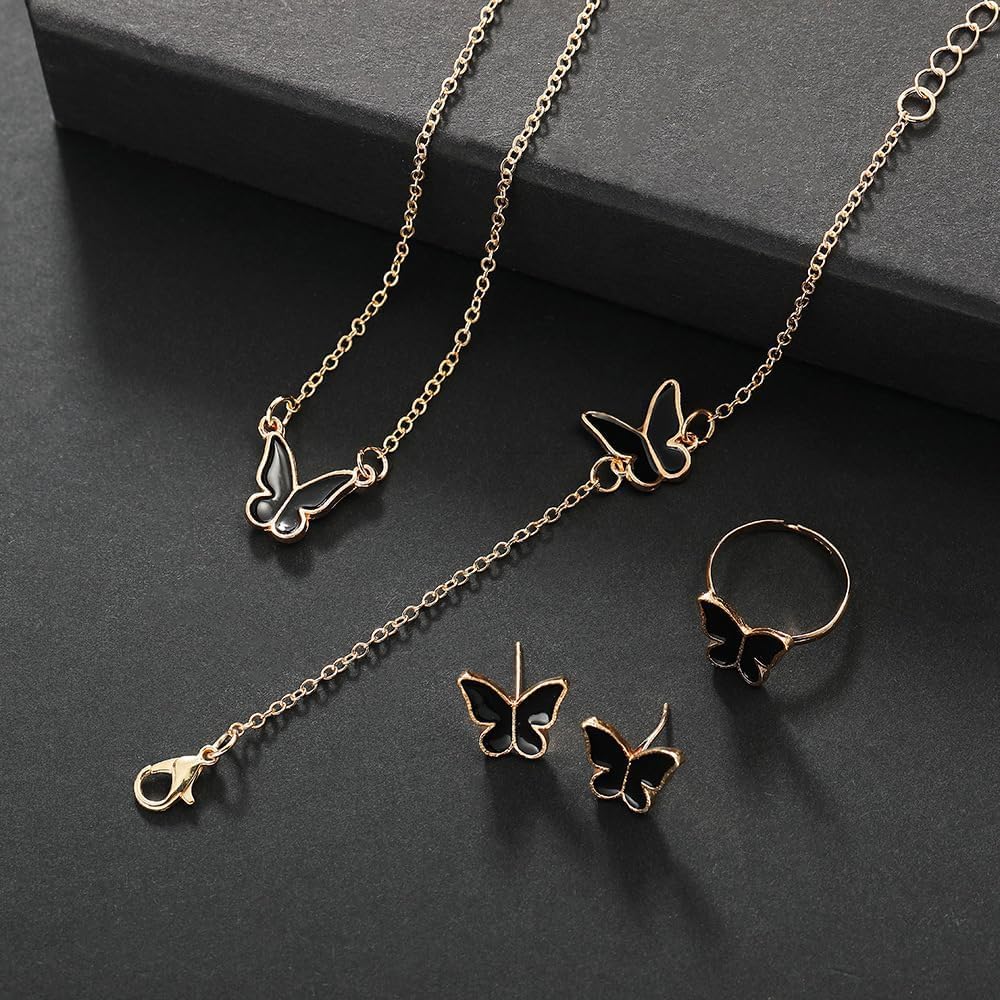 UPHUI 5-piece Women's Jewelry Set Earrings Necklaces Bracelets Rings Fashion Butterfly Jewelry Set Women's Butterfly Jewelry Couple Gifts