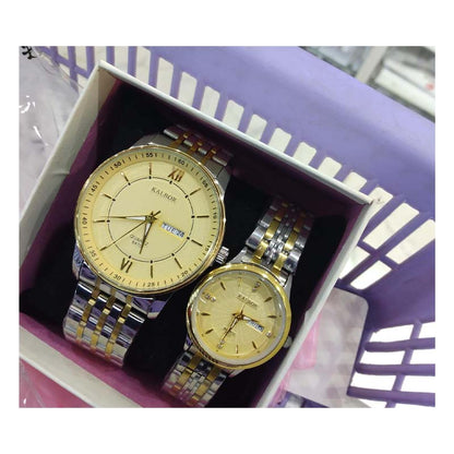 Kalbor Couple Watches Set – Matching His & Hers Round Quartz Wristwatches with Stainless Steel Bands, Splash-Resistant 30 m, Elegant Gift Pack, Classic Black & White Dial Combo