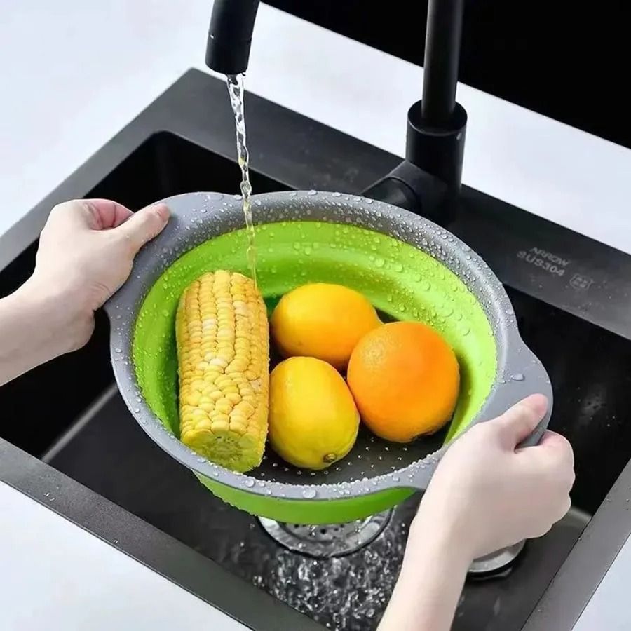 2pcs 29cm*24cm Silicone Round Folding Vegetable Fruits Washing Drain Basket Colander Strainer Collapsible Drainer Kitchen Tool Cookware Sets Cooking