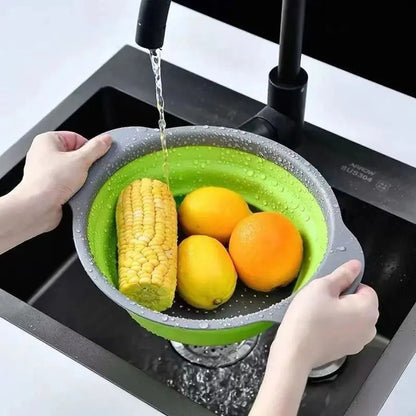 2pcs 29cm*24cm Silicone Round Folding Vegetable Fruits Washing Drain Basket Colander Strainer Collapsible Drainer Kitchen Tool Cookware Sets Cooking
