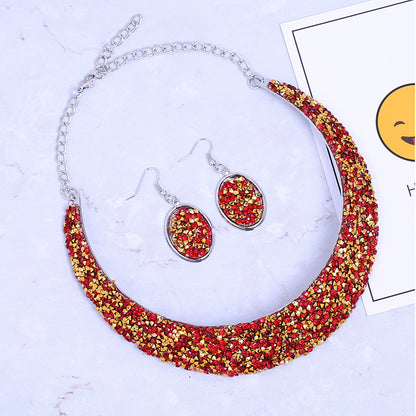 Metal Full Rhinestone Fake Collar Necklace Earrings Necklaces & Pendants MMSHOP 2 pieces/set European and American Fashion Gold as price