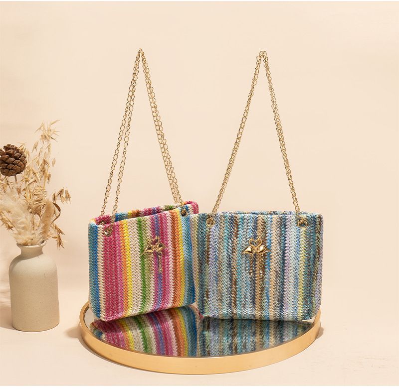 Trend Rainbow Woven Tote Bag Women's Shoulder Bag Simple contrast color swan decorative tote bag