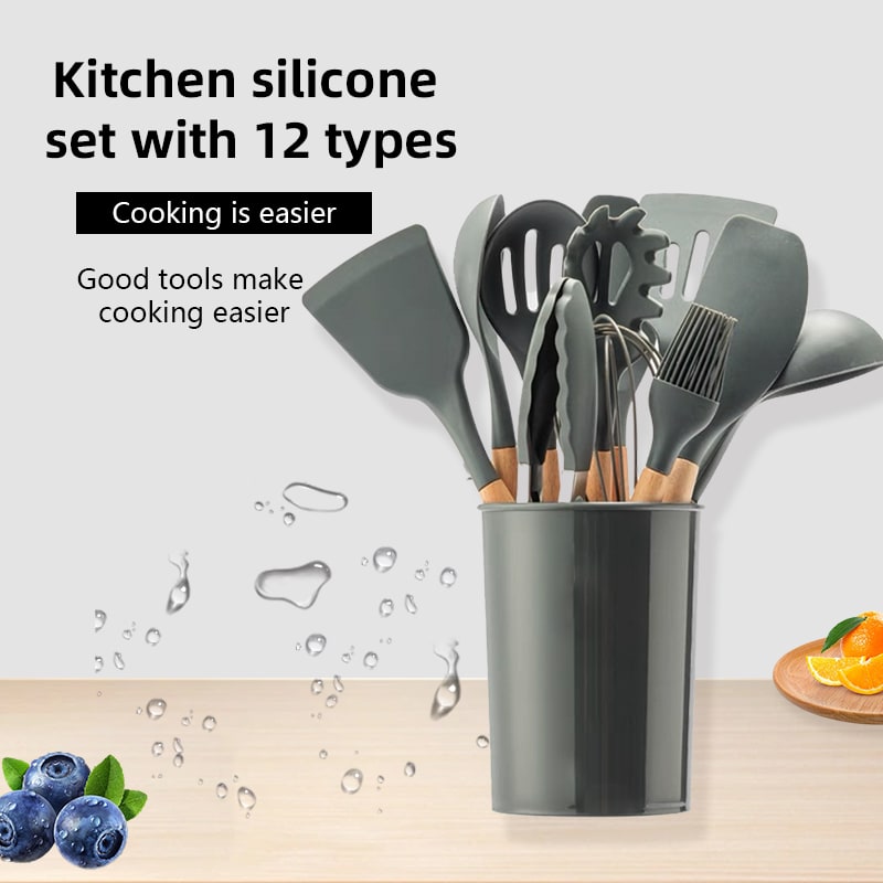 800g 12Pcs Set Wooden Handle Silicone Kitchen Utensils High Quality Silicone Kitchen Utensils Non-stick Pan Cooking Spatula Baking Storage Tool