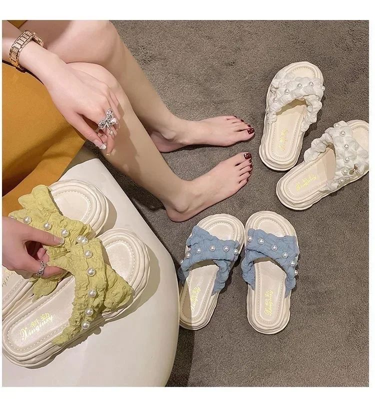 Open Shoes New Fairy Style Platform Dissolved Shoes Seaside Beach Slippers Ins Pearl Sandals Women's Outer Wear Indoor Slippers Blue