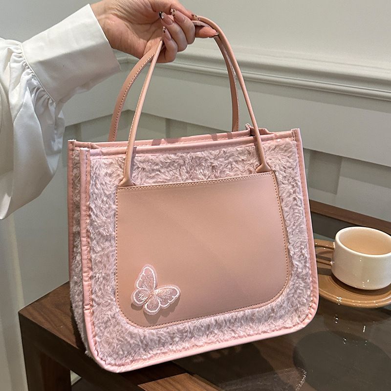 Tote Bags shoulder bag Butterfly decorative Mariposa Tote PU leather with Fluffy bag