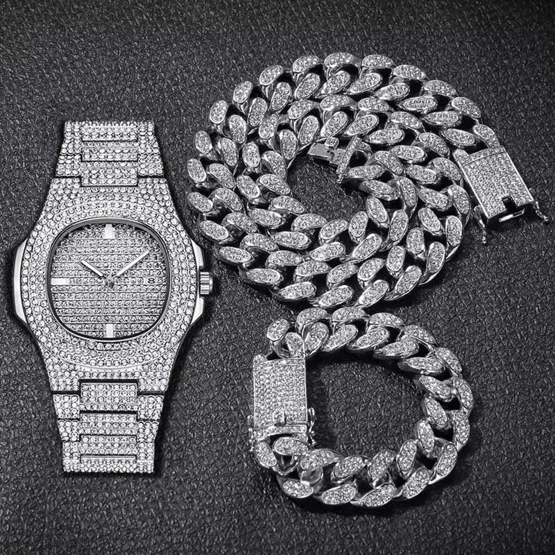 Gold Hip Hop Miami Curb Cuban Chain Iced Out Paved Rhinestones CZ Bling Rapper Silver Necklace +Watch+Bracelet Jewelry For Men