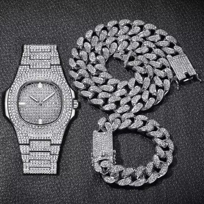 Gold Hip Hop Miami Curb Cuban Chain Iced Out Paved Rhinestones CZ Bling Rapper Silver Necklace +Watch+Bracelet Jewelry For Men