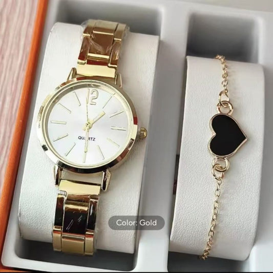 2PCS Elegant Golden Watches Bracelet Set Luxury Fashion Ladies Watch Quartz Wristwatches Heart Charm Bracelet Set Gifts