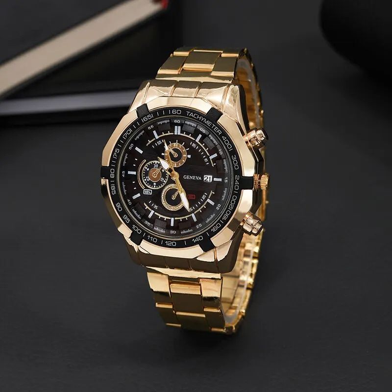 3pcs set Best Selling Fashion Mens Sports Gold Three Eyes Watches Men Business Steel Quartz Wrist Watch Calendar Male Casual Eagle Necklace Bracelet Wristwatch With Box