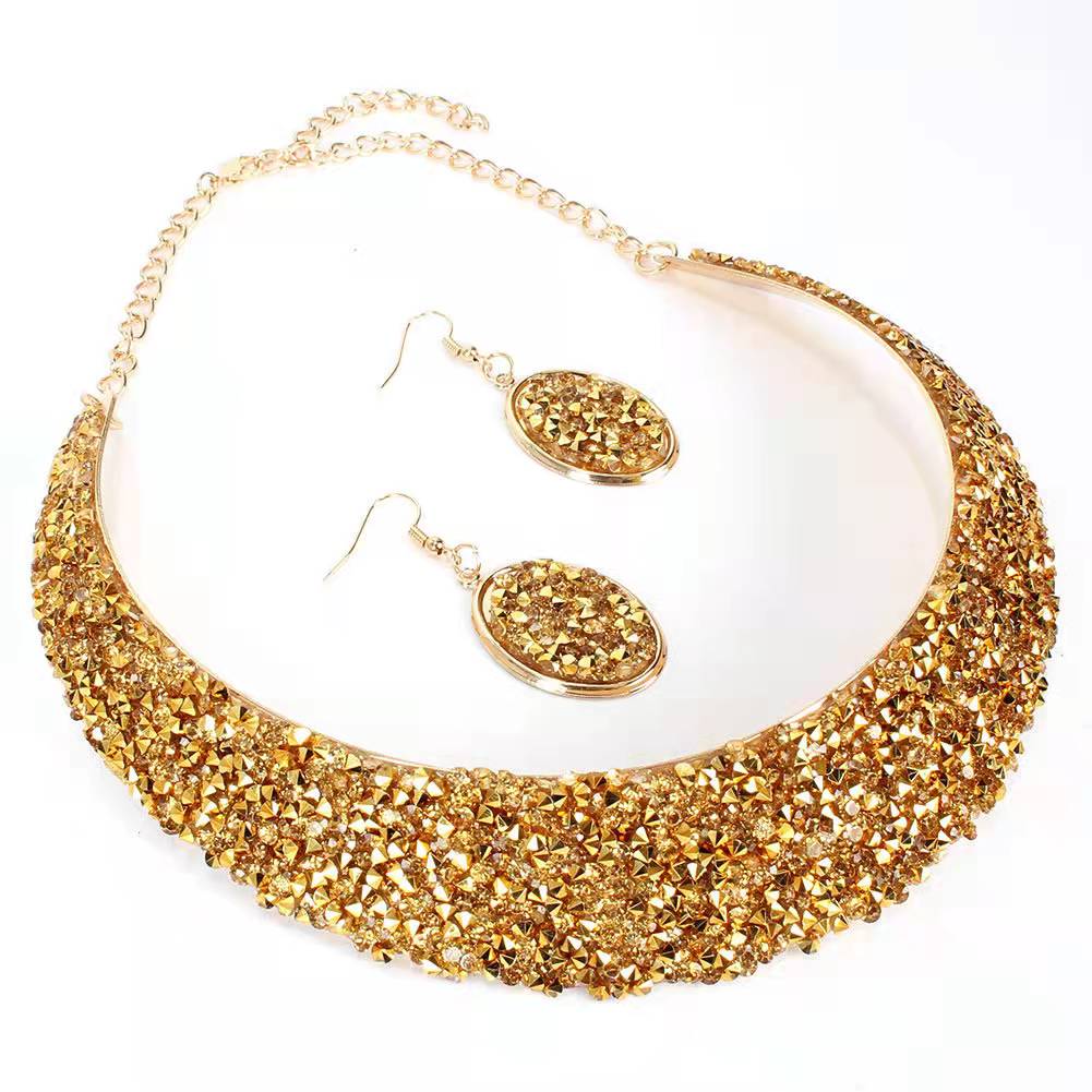 Metal Full Rhinestone Fake Collar Necklace Earrings Necklaces & Pendants MMSHOP 2 pieces/set European and American Fashion Gold as price
