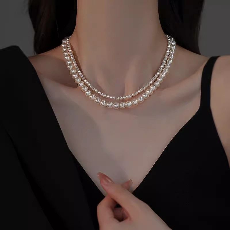 New French temperament geometric pearl double-layer necklace fashionable simple high-end clavicle chain fashionable versatile necklace
