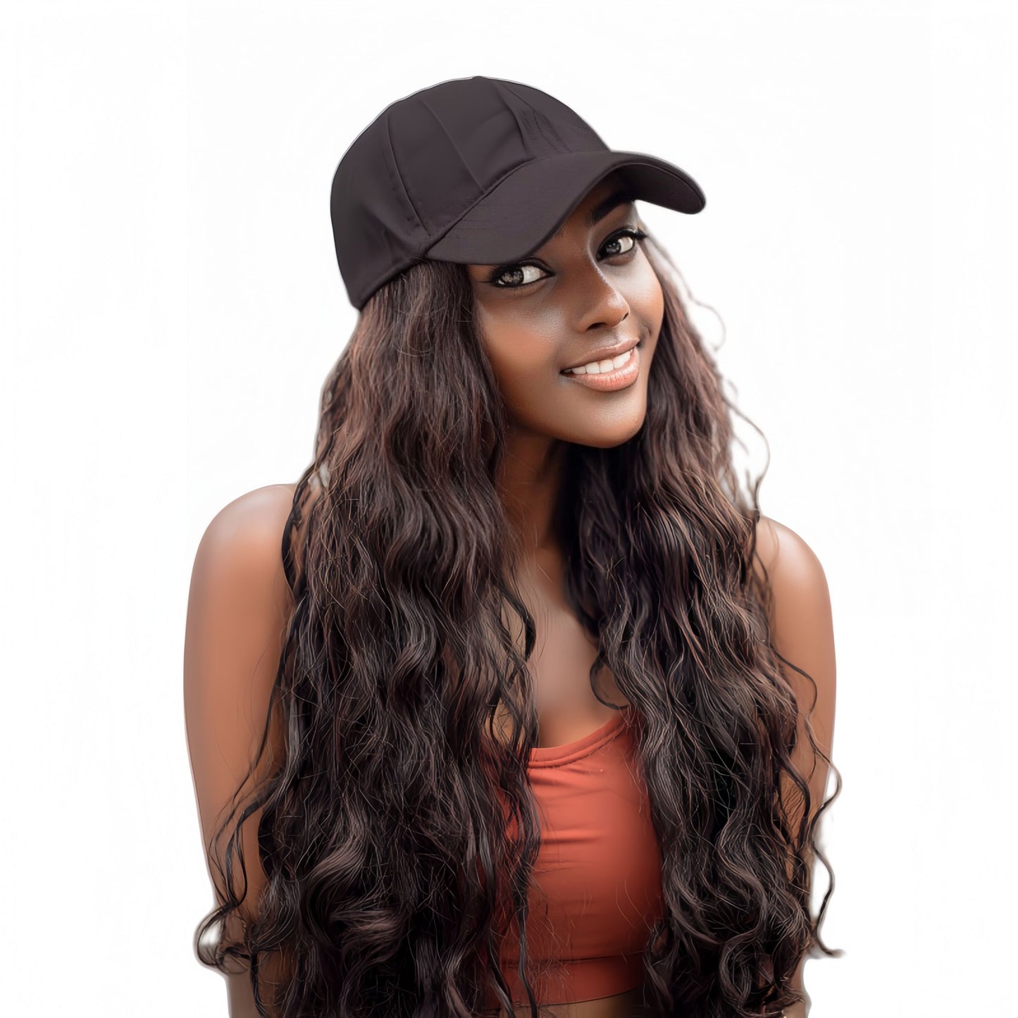 Synthetic Fiber Baseball Cap Curly Hair Wig | Full Head Cover with Natural Waves (Dark Brown, 20 Inch, Breathable, Outdoor/Casual Style)