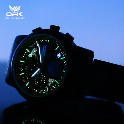 OPK Quartz Watches for Men Starry Sky Display Moon phase Multifunctional Stainless Steel Waterproof Luxury Mens Watch