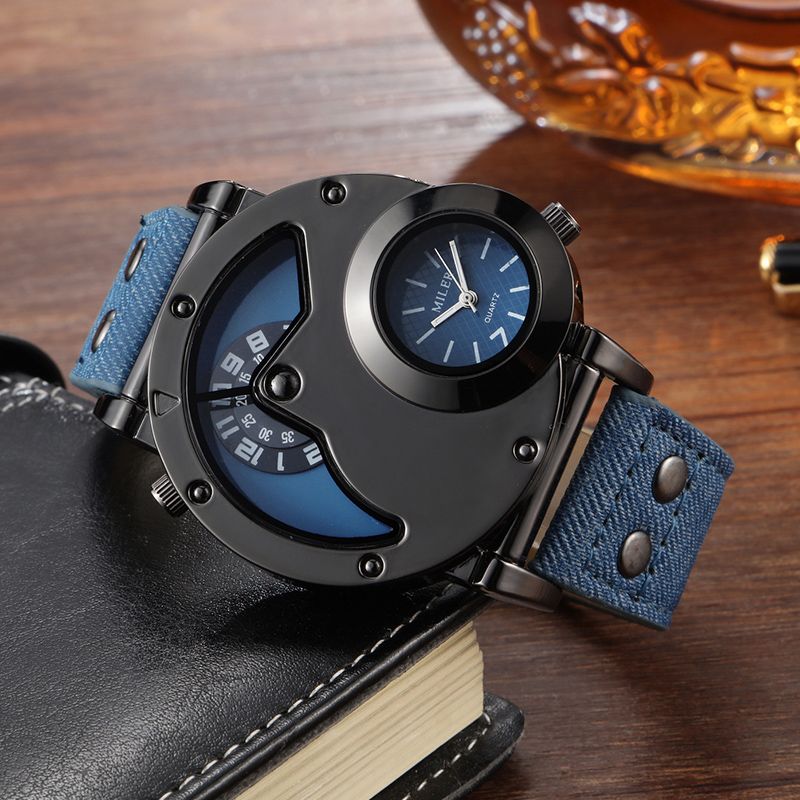 Men Minimalist Watch 2 Double Big Dial Time Zone Wristwatch Quartz Clock Leather Strap Male Sports Watch