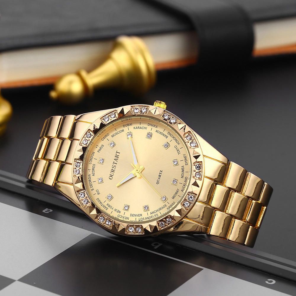 2PCS Lover Watches Business Stainless Steel Back Gold Watch Classic Diamond Rhinestone Couple Gift Watch Hip Hop Metal Color Bling Diamond and Steel Strip Women Men Couple Quartz Watch