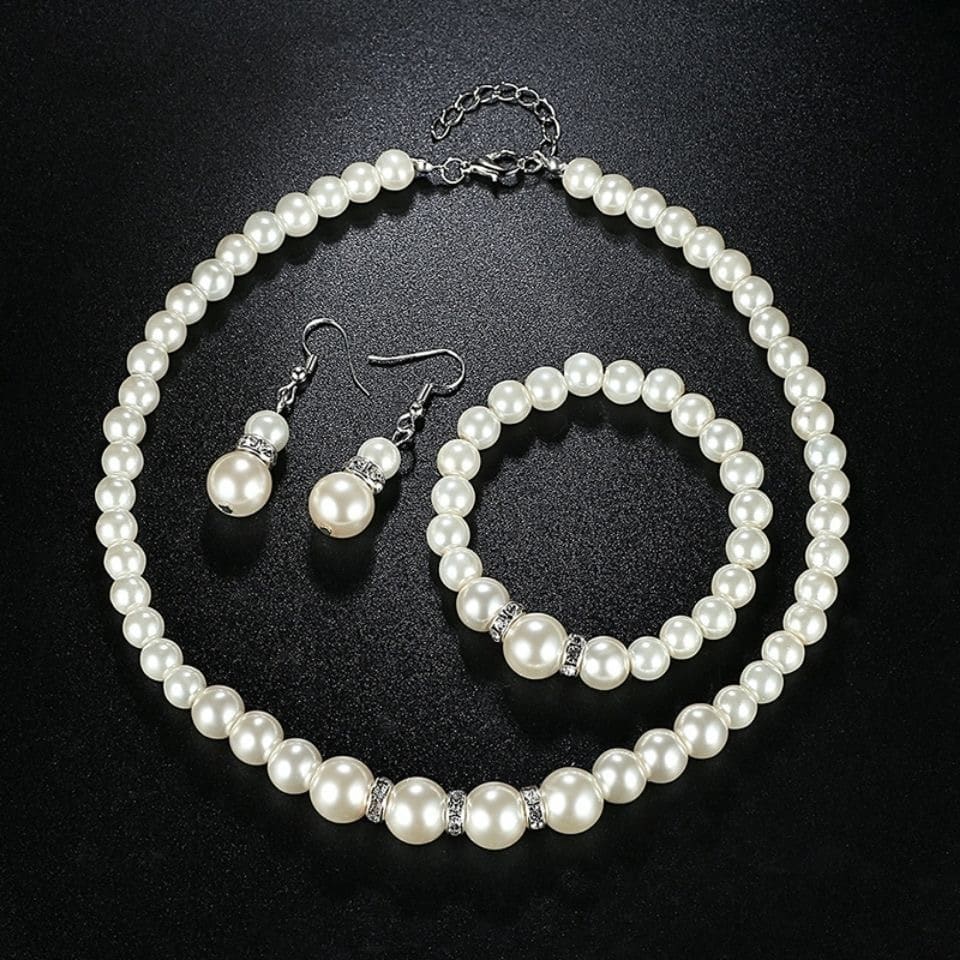 Pearl Jewelry Set for Women, necklace, earrings, bracelet, three-piece set, gift for mom, beautiful wedding photo accessories