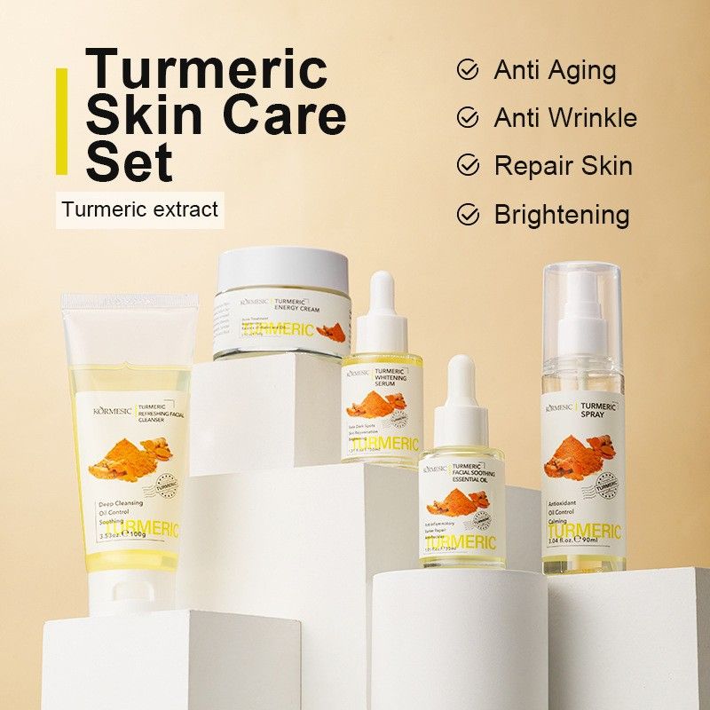 KORMESIC Turmeric 5-Piece Oil-Control & Brightening Skincare System - Antioxidant Cleanser, Balancing Cream Dark Spot Serum + Soothing Oil & Mask Anti-Inflammatory, Fades Acne Marks & Repairs Barri