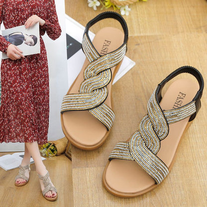Wedge Flats Sandals Cross Wide Strip Design Sense Rhinestone Fashion Casual Women's Shoes