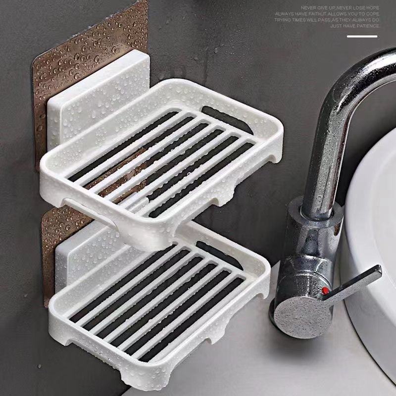 New Arrivals 2PCS Wall Mounted Soap Dishes Rectangular Plastic Soap Holder Bathroom Shower Soap Tray with Drain Kitchen Sponge Organizer