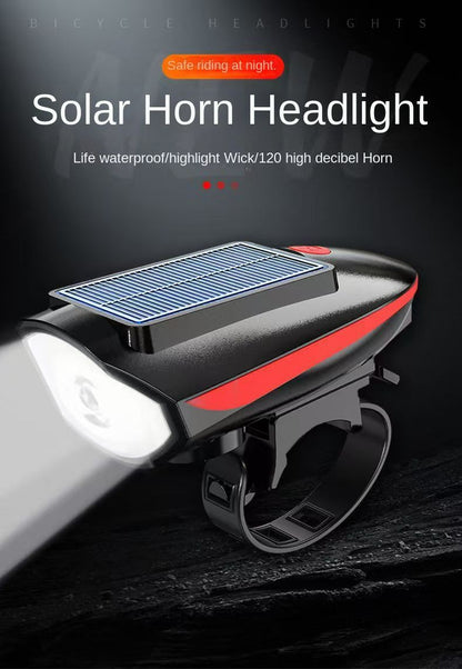 Solar Bicycle Light Multi-Functional Solar-Powered and USB Rechargeable Battery Mountain Bike Night Cycling High Brightness Light Bike Front Light and 120dB Horn Bicycle Charging Light