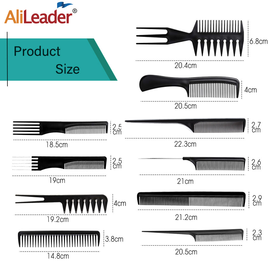 New 10Pcs Black Professional Combs Hairdressing New Tail Comb Carbon Anti Static Comb Hair Cutting Comb Free Storage Bag